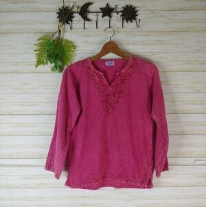 Mexicali Fuschia Pink Boho Acidwash Embroidered Blouse